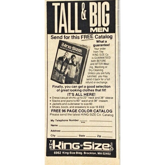 King Size "Tall & Big Men's Clothing "Free Catalog" Vintage Print Ad 1982 - Picture 1 of 3